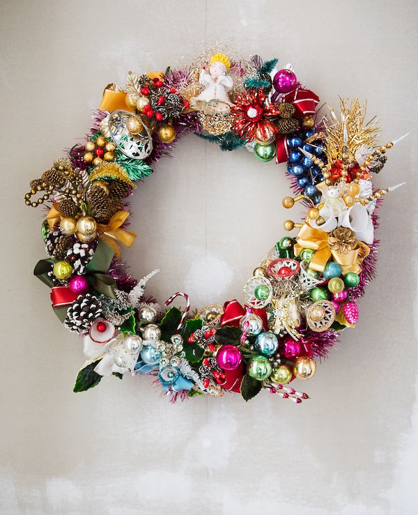 DIY wreath made from vintage Christmas corsages.