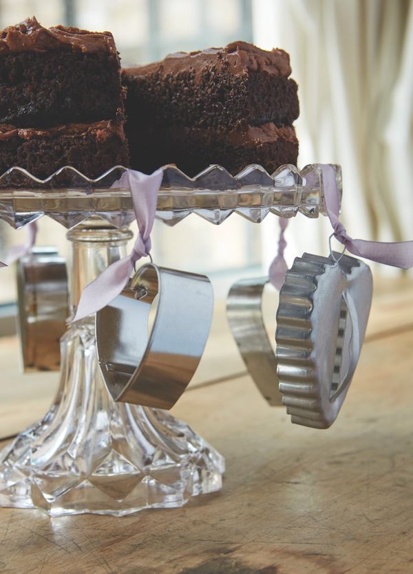 Cake plate with ribbons and cookie cutters.